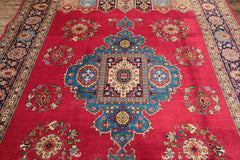 8x11 Coral, Navy, Ivory Color Hand Knotted Tabriz Wool Traditional Oriental Rug