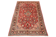 7x10 Rust, Charcoal, Pink Color Hand Knotted Sarouk Wool Traditional Oriental Rug