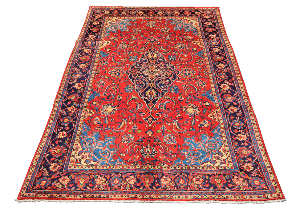 7x11 Red, Navy, Ivory Color Hand Knotted Sarouk Wool Traditional Oriental Rug