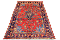 7x11 Red, Navy, Ivory Color Hand Knotted Sarouk Wool Traditional Oriental Rug
