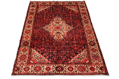 7x11 Midnight Blue, Ivory, Red Color Hand Knotted Hamadan Wool Traditional Oriental Rug