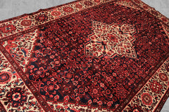 7x11 Midnight Blue, Ivory, Red Color Hand Knotted Hamadan Wool Traditional Oriental Rug