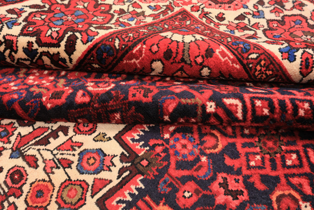 7x11 Midnight Blue, Ivory, Red Color Hand Knotted Hamadan Wool Traditional Oriental Rug