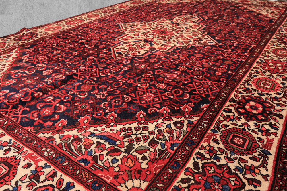 7x11 Midnight Blue, Ivory, Red Color Hand Knotted Hamadan Wool Traditional Oriental Rug
