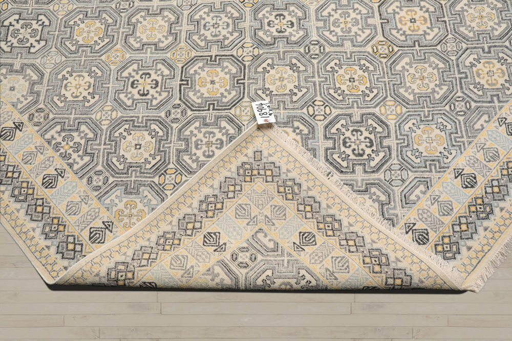 9x12 Ivory, Gray, Blue Color Hand Knotted Wool Transitional Oriental Rug