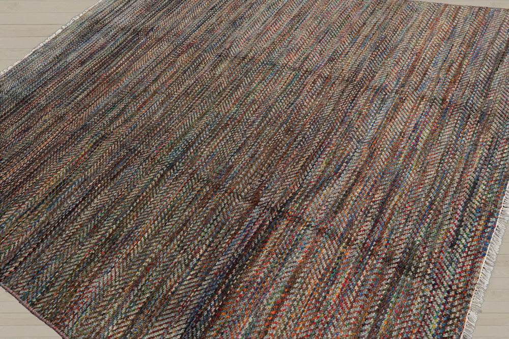 8x10 Gray, Blue, Orange Color Hand Knotted Wool Modern Oriental Rug