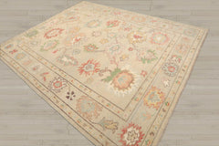 Multi Size Beige Ivory Aqua Color Hand Knotted Oushak Wool Oriental Rug