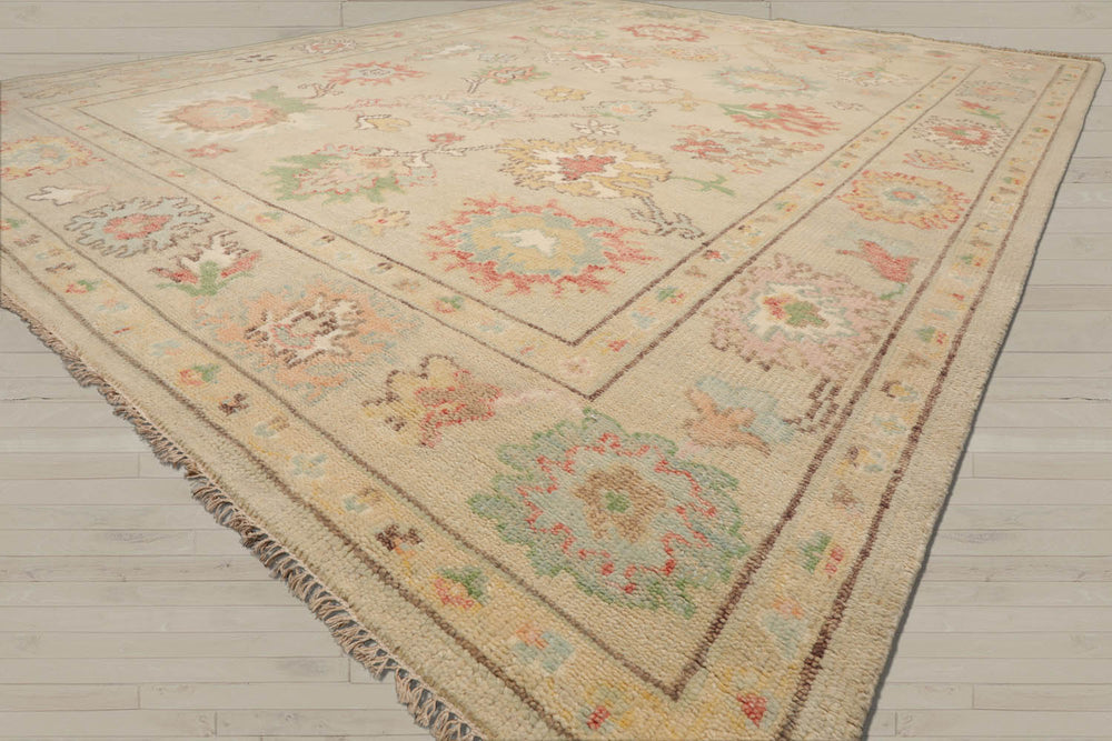 Multi Size Beige Ivory Aqua Color Hand Knotted Oushak Wool Oriental Rug