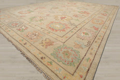 Multi Size Beige Ivory Aqua Color Hand Knotted Oushak Wool Oriental Rug