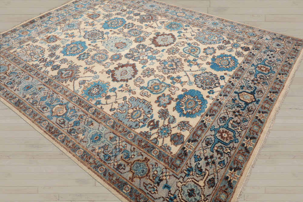 Multi Size Beige Gray Aqua Color Hand Knotted Oushak Wool Oriental Rug