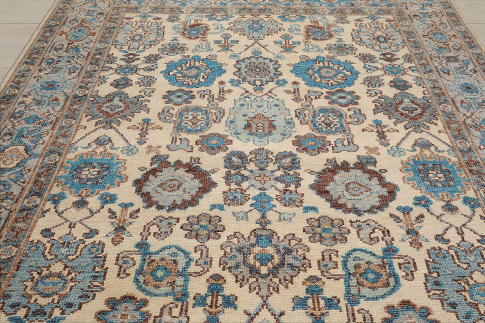 Multi Size Beige Gray Aqua Color Hand Knotted Oushak Wool Oriental Rug