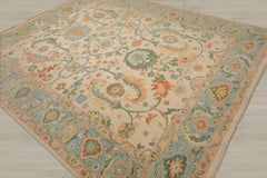 Multi Size Beige Aqua Green Color Hand Knotted Oushak Wool Oriental Rug