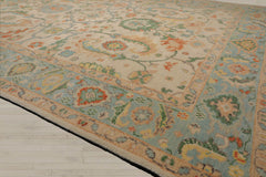 Multi Size Beige Aqua Green Color Hand Knotted Oushak Wool Oriental Rug