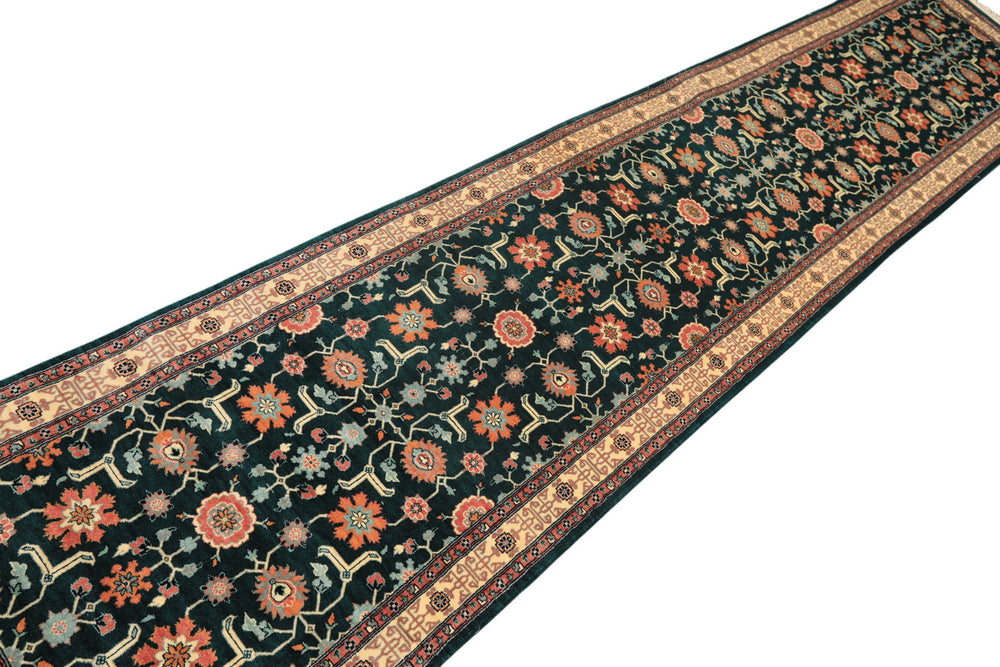 2'6x12 Teal, Ivory, Rose Color Hand Knotted Pak Persian Wool Traditional Oriental Rug
