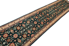 2'6x12 Teal, Ivory, Rose Color Hand Knotted Pak Persian Wool Traditional Oriental Rug