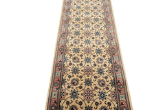 Runner Ivory, Rose, Blue Color Hand Knotted Kashan Wool Traditional Oriental Rug