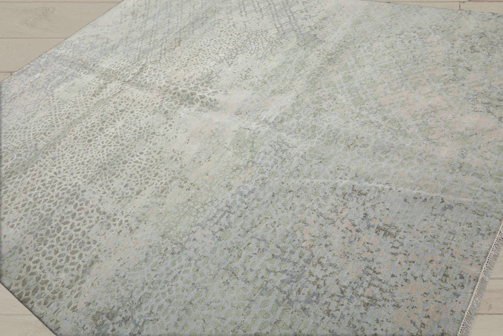 8x10 Beige, Taupe, Green Color Hand Knotted Tibetan Wool & Silk Modern Oriental Rug