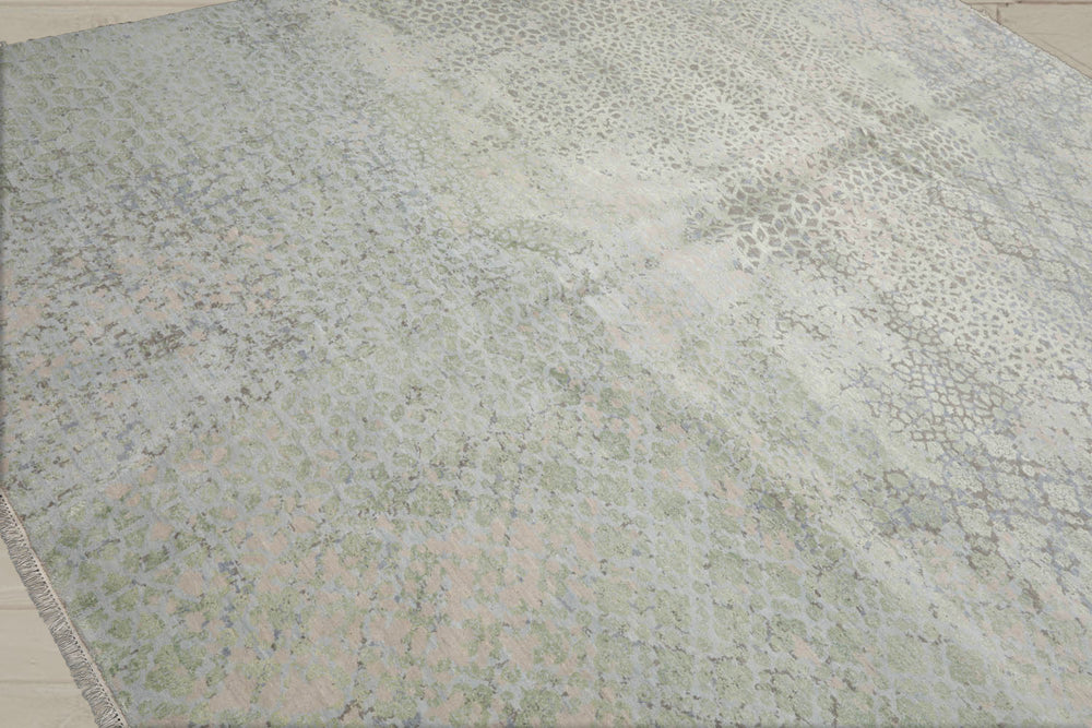 8x10 Beige, Taupe, Green Color Hand Knotted Tibetan Wool & Silk Modern Oriental Rug