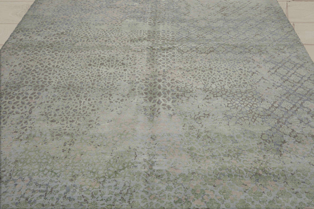 8x10 Beige, Taupe, Green Color Hand Knotted Tibetan Wool & Silk Modern Oriental Rug