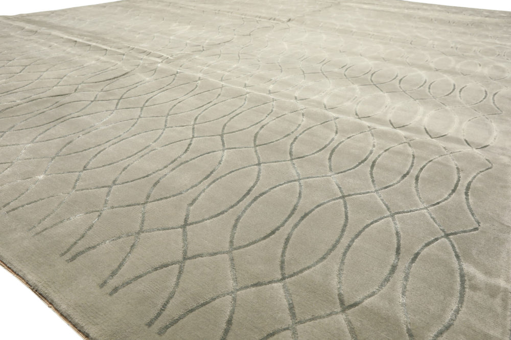 9x12 Tone on Tone Faded Seafoam, , Color Hand Knotted Tibetan Wool & Pure Silk Modern & Contemporay Oriental Rug