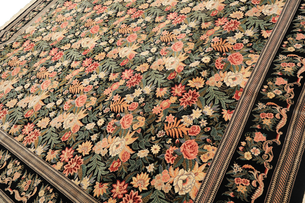 9x12 Black, Ivory, Rose Color Hand Knotted Pak Persian Wool & Silk Traditional Oriental Rug