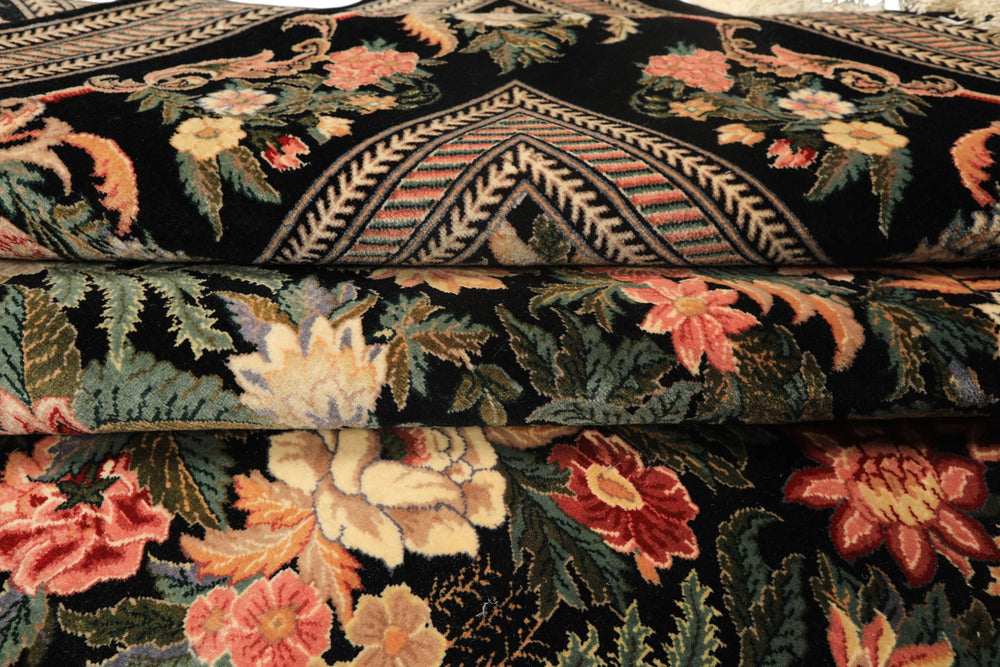 9x12 Black, Ivory, Rose Color Hand Knotted Pak Persian Wool & Silk Traditional Oriental Rug