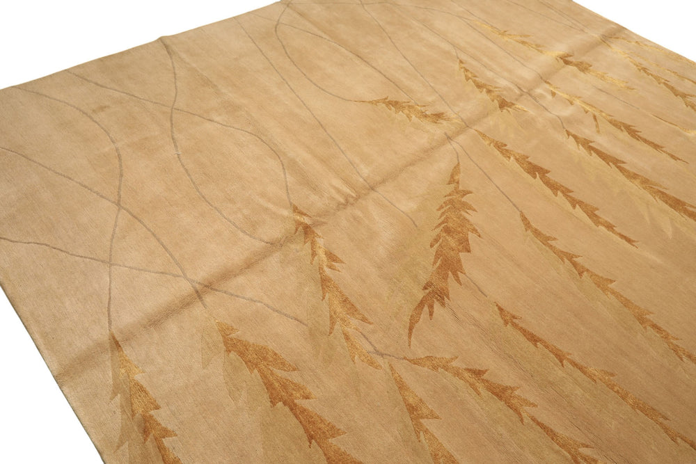 8x10 Tan, Gold, Gray Color Hand Knotted Tibetan Wool & Pure Silk Transitional Oriental Rug