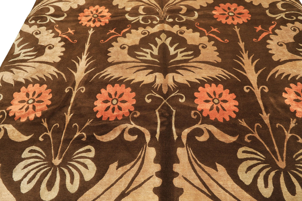 8x10 Brown, Tan, Peach Color Hand Knotted Tibetan Wool & Pure Silk Traditional Oriental Rug