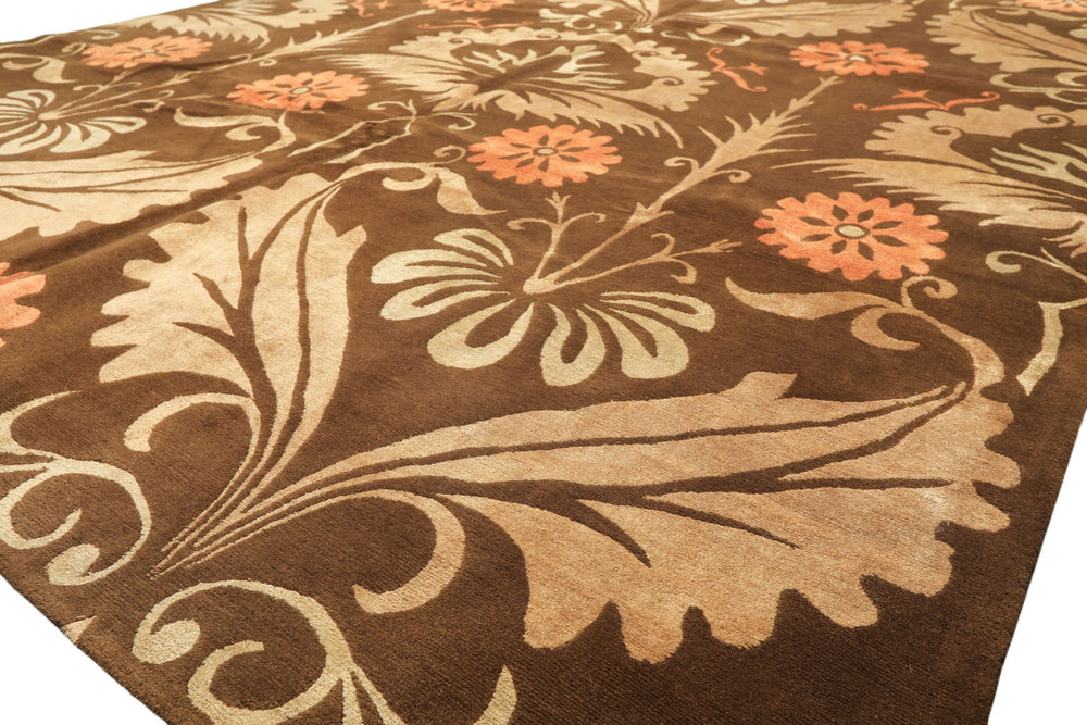 8x10 Brown, Tan, Peach Color Hand Knotted Tibetan Wool & Pure Silk Traditional Oriental Rug
