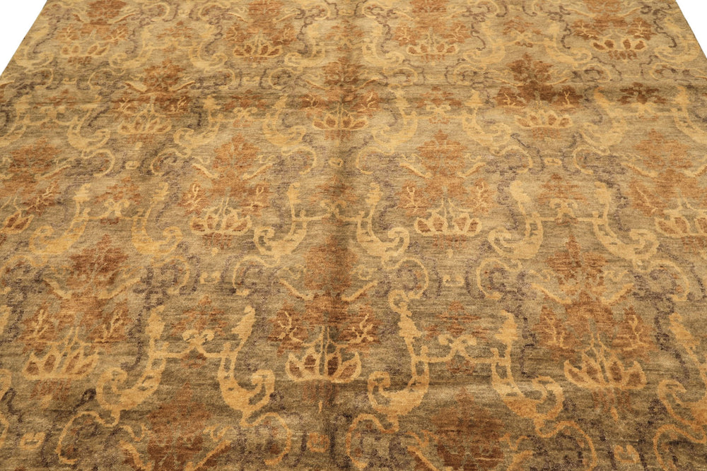 8x10 Brown, Gold, Tan Color Hand Knotted Indo Tibetan Wool Transitional Oriental Rug
