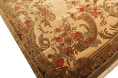Palace Tan, Gold, Green Color Hand Knotted French Aubusson Savonnerie New Zealand Wool & Silk Traditional Oriental Rug