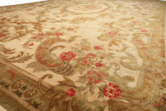 Palace Tan, Gold, Green Color Hand Knotted French Aubusson Savonnerie New Zealand Wool & Silk Traditional Oriental Rug