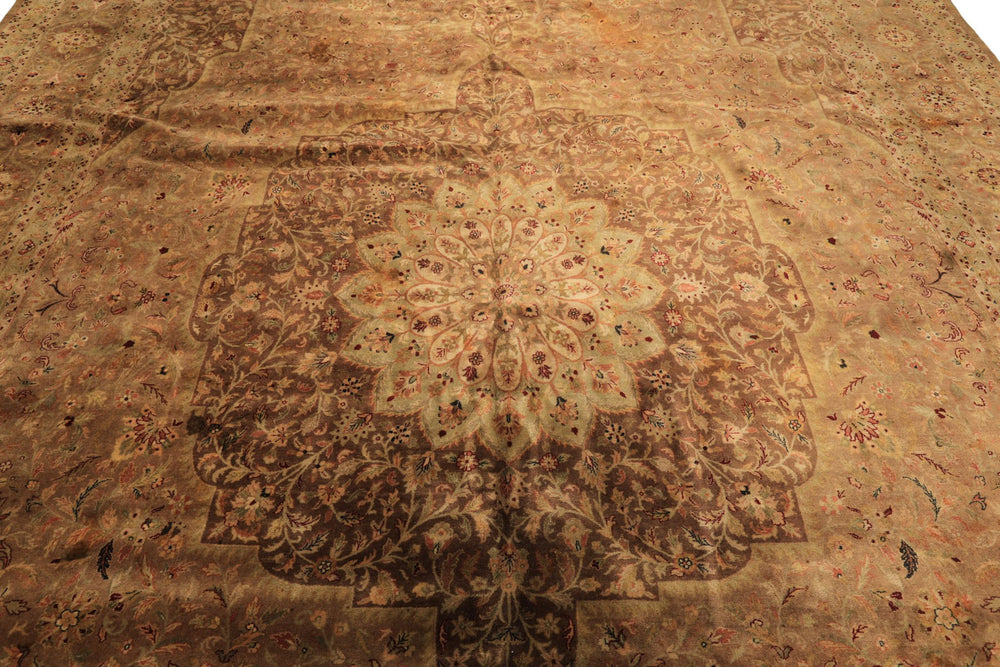 Palace Tan, Sage, Brown Color Hand Knotted Indo Persian Wool Transitional Oriental Rug