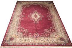 12x18 Plum, Ivory, Blue Color Hand Knotted Kerman Wool Traditional Oriental Rug