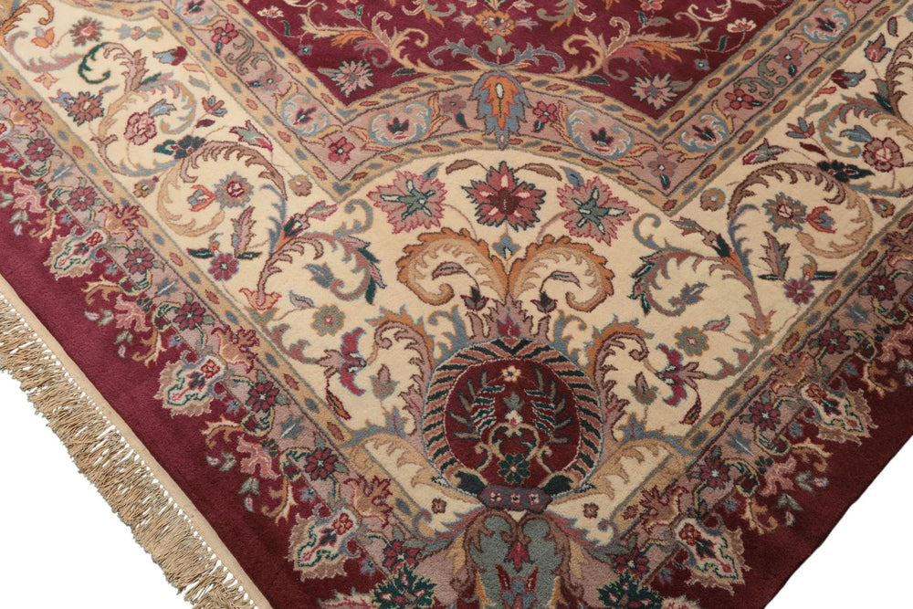 12x18 Plum, Ivory, Blue Color Hand Knotted Kerman Wool Traditional Oriental Rug