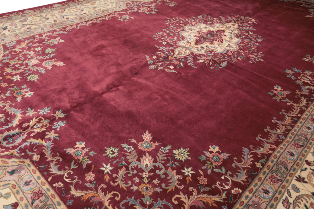 12x18 Plum, Ivory, Blue Color Hand Knotted Kerman Wool Traditional Oriental Rug