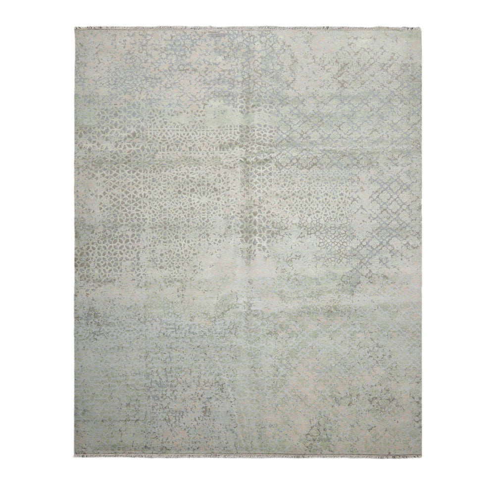 8x10 Beige, Taupe, Green Color Hand Knotted Tibetan Wool & Silk Modern Oriental Rug
