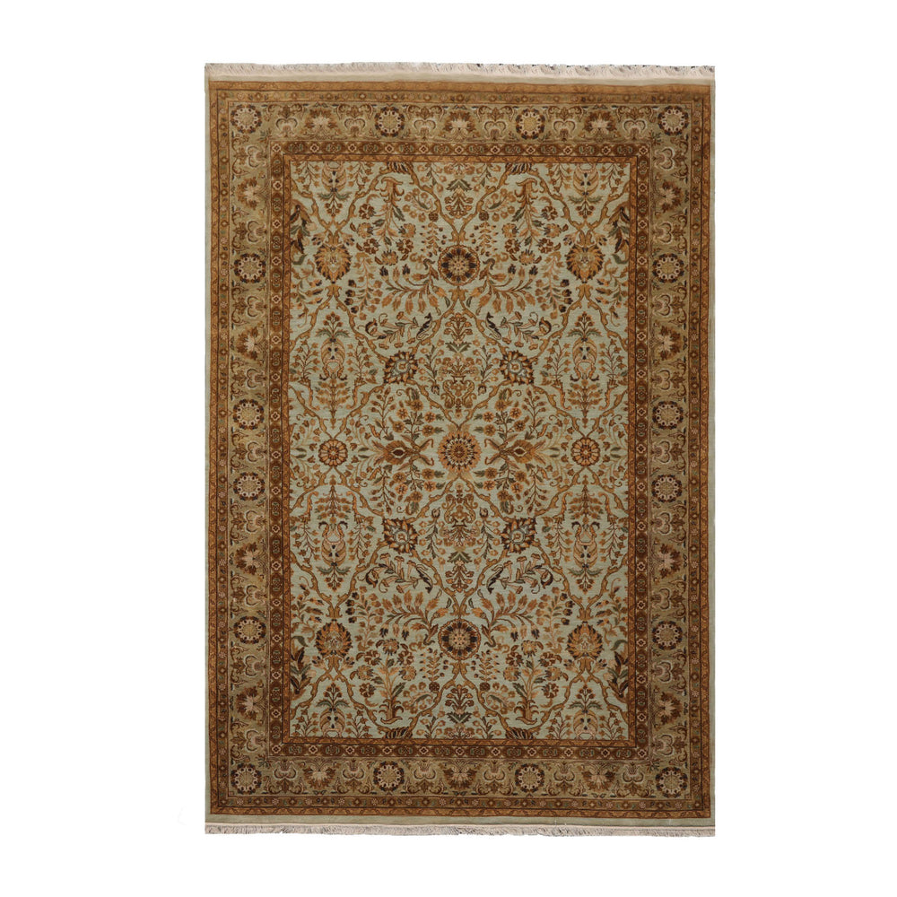 6x9 Aqua, Champagne, Brown Color Hand Knotted Agra 100% Wool Traditional Oriental Rug
