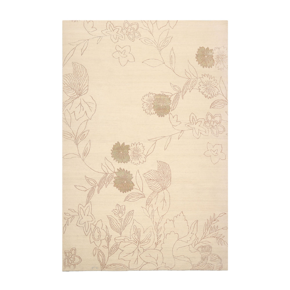 6x9 Ivory, Olive Green, Brown Color Hand Knotted Tibetan Wool & Silk Transitional Oriental Rug