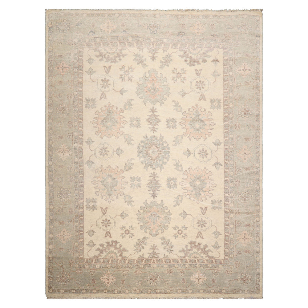 9x12 Ivory, Mint, Brown Color Hand Knotted Afghan Oushak Wool Traditional Oriental Rug