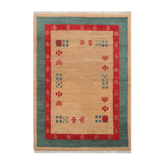 4x6 Beige, Tan, Teal Color Hand Knotted Gabbeh 100% Wool Modern & Contemporary Oriental Rug