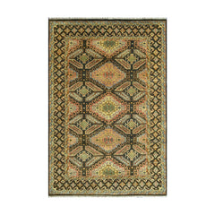 6x9 Gold, Forest Green, Peach Color Hand Knotted Wool Transitional Oriental Rug
