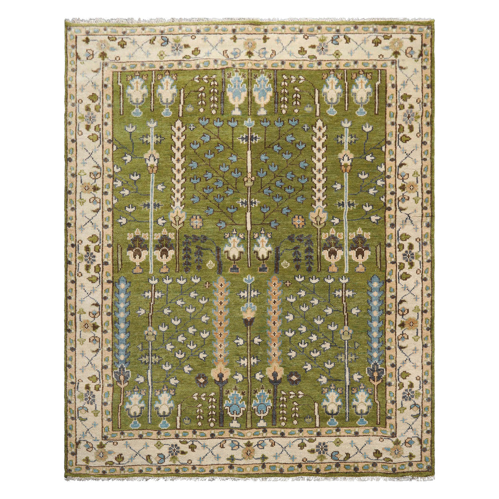 Multi Size Green Ivory Peach Color Hand Knotted Oushak Wool Traditional Oriental Rug