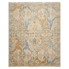 Multi Size Beige Blue Aqua Color Hand Knotted Oushak Wool Transitional Oriental Rug