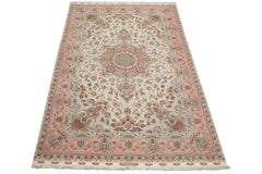 Knotted Rug Ivory Blush Hand Knotted 6'x9' Tabriz Master Weaver Signed Traditional 400 KPSI Wool and Silk Oriental Area Rug