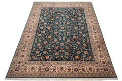 Knotted Rug Teal Beige Hand Knotted 10'x14' Tabriz Traditional 400 KPSI Wool and Silk Oriental Area Rug