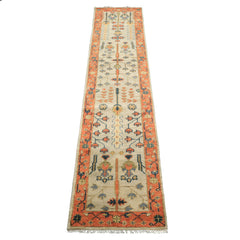 2'6x12 Beige, Burnt Orange, Lime Color Hand Knotted Oushak Wool Traditional Oriental Rug