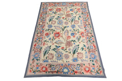 4x6 Ivory, Blush, Blue Color Hand Knotted French Aubusson Needlepoint Wool Traditional Oriental Rug