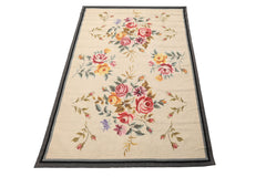 4x6 Ivory, Gray, Black Color Hand Knotted French Aubusson Needlepoint Wool Traditional Oriental Rug