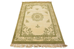 4x6 Ivory, Olive, Green Color Hand Knotted Indo Tibetan Wool Oriental Rug